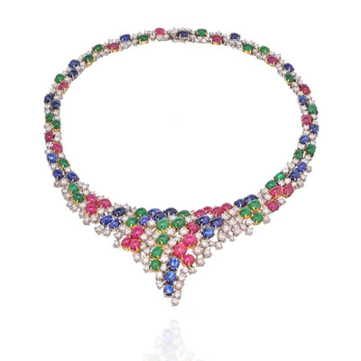 Diamond, Cabachon Emeralds, Sapphires and Rubies Necklace
