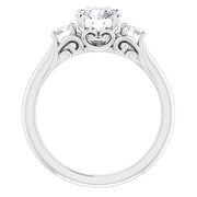 Cathedral Filigree Three-Stone Diamond Accented Engagement Setting
