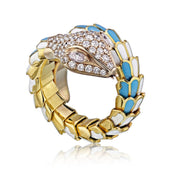 Pave Diamond Turquoise & White Enamel Serpent Ring