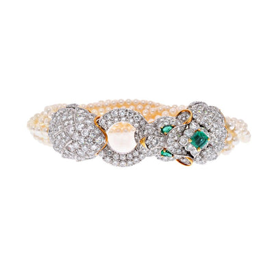 David Webb Two-Tone Multi-Strand Emerald Diamond Cuff Bracelet