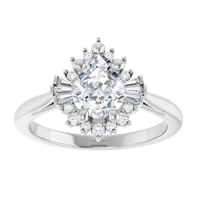 14K White 8x6 mm Pear Natural Diamond Semi-Set Halo-Style Engagement Ring