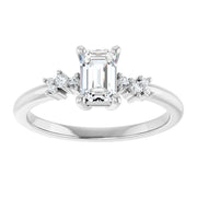14K White Gold 5/8 CTW Emerald Cut Engagement Ring with Diamond Starburst Accents