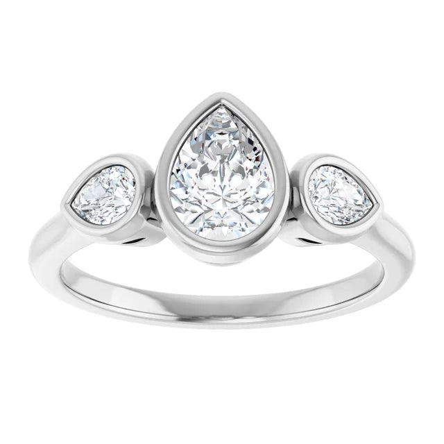 14k White Gold 1 3/4 CTW Pear-Shaped Diamond Three-Stone Ring with Bezel Settings