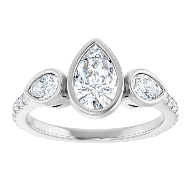 14k White Gold 2 1/8 CTW Pear-Shaped Diamond Three-Stone Ring with Pavé Band