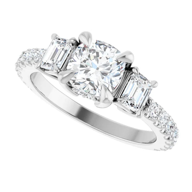 14K White Gold 1 1/2 CTW Cushion-Cut and Emerald-Cut Diamond Three-Stone Ring