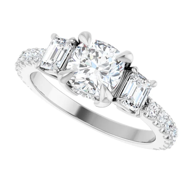 14K White Gold 1 1/2 CTW Cushion-Cut and Emerald-Cut Diamond Three-Stone Ring