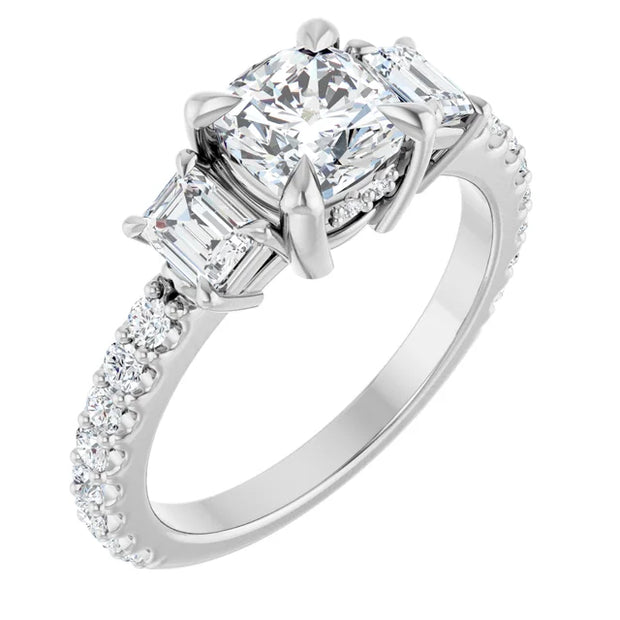 14K White Gold 1 1/2 CTW Cushion-Cut and Emerald-Cut Diamond Three-Stone Ring