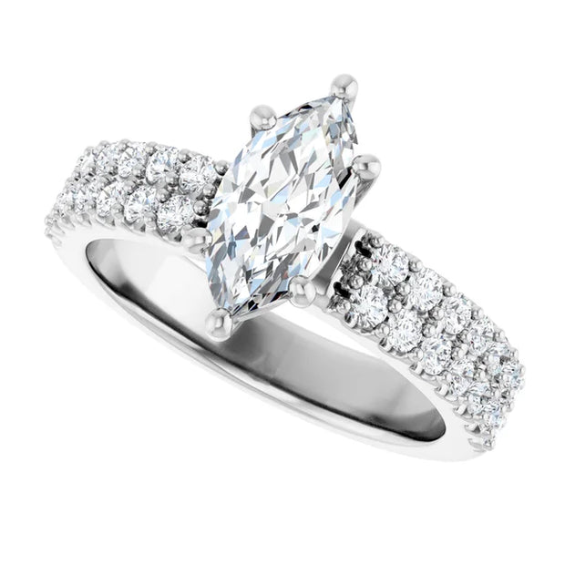 14K White Gold 1 1/2 CTW Marquise Diamond Engagement Ring with Double Row Pavé Band
