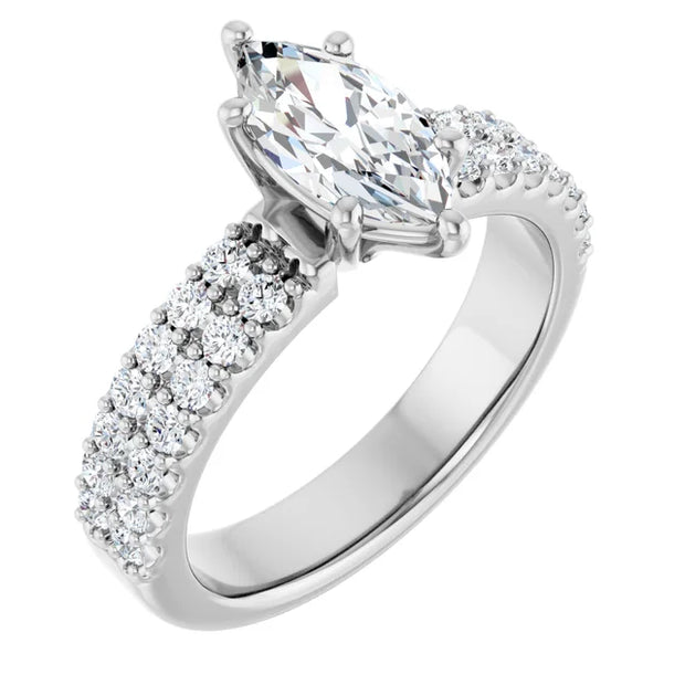 14K White Gold 1 1/2 CTW Marquise Diamond Engagement Ring with Double Row Pavé Band