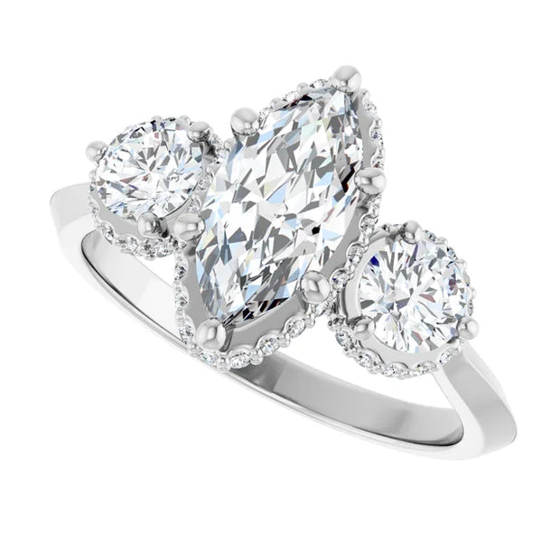 14K White Gold 1 1/3 CTW Marquise and Round Diamond Halo Trio Ring