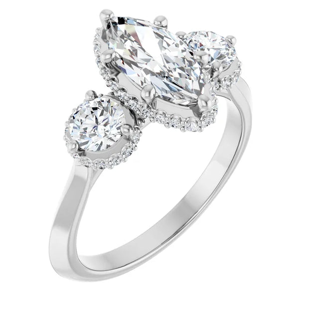 14K White Gold 1 1/3 CTW Marquise and Round Diamond Halo Trio Ring