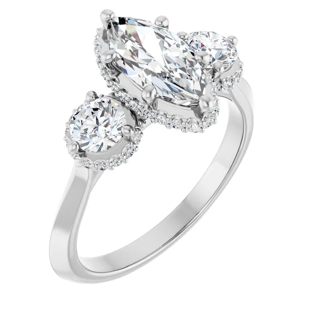 14K White Gold 1 1/3 CTW Marquise and Round Diamond Halo Trio Ring
