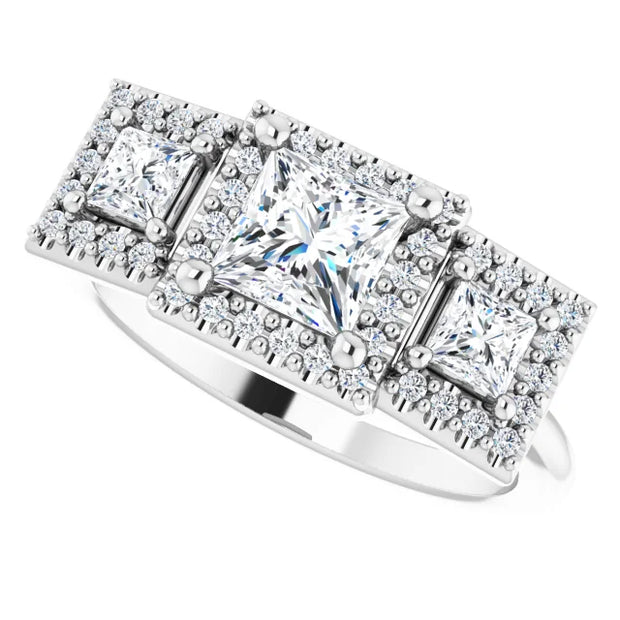 14K White Gold 1.14 CTW Princess Diamond Three-Stone Halo Engagement Ring