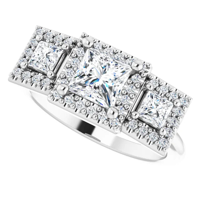 14K White Gold 1.14 CTW Princess Diamond Three-Stone Halo Engagement Ring