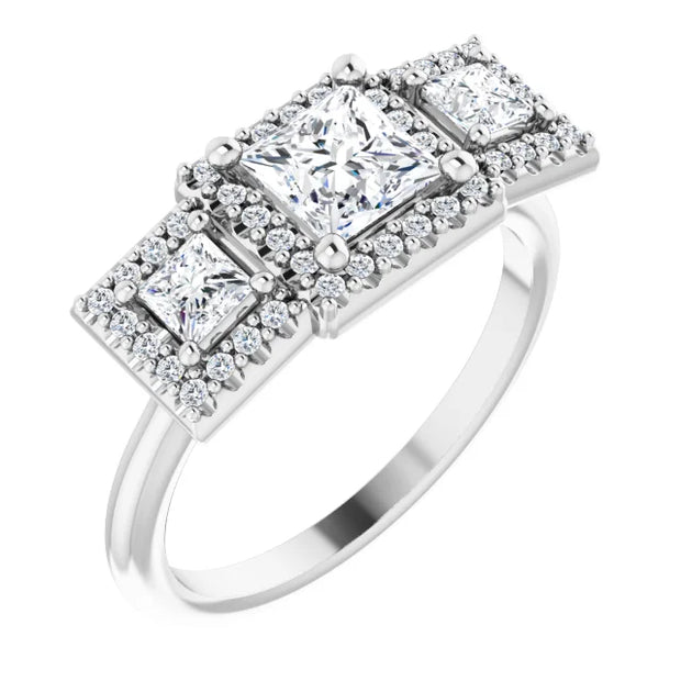 14K White Gold 1.14 CTW Princess Diamond Three-Stone Halo Engagement Ring