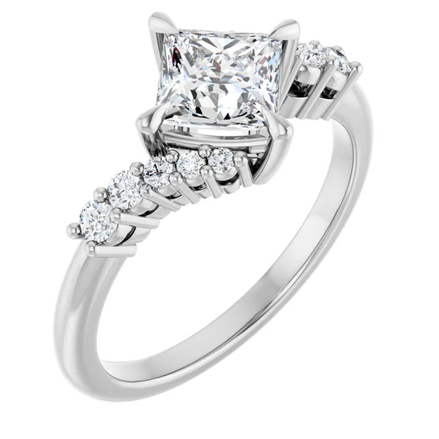 14K White Gold 1 1/6 CTW Princess Diamond Engagement Ring with Round Diamond Accents