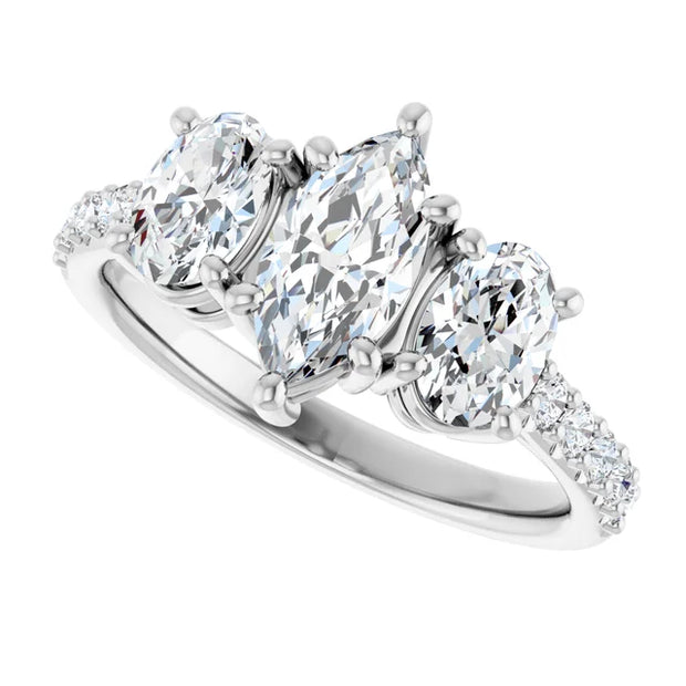 14K White Gold 1 3/4 CTW Marquise and Oval Diamond Three-Stone Engagement Ring