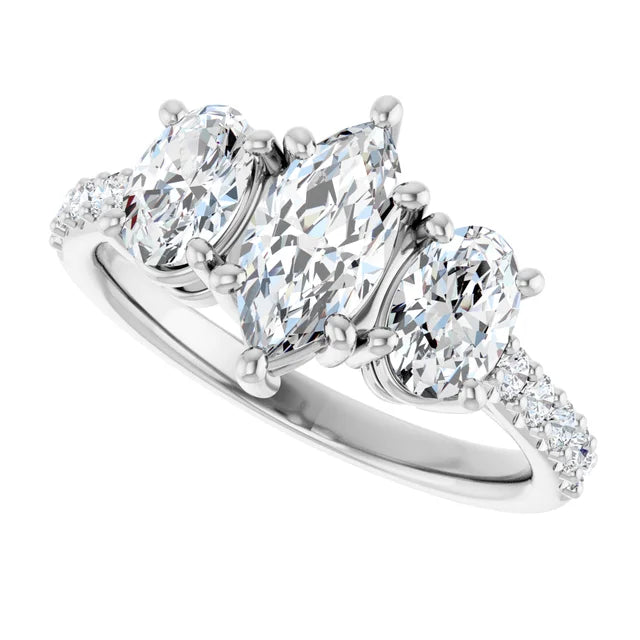 14K White Gold 1 3/4 CTW Marquise and Oval Diamond Three-Stone Engagement Ring