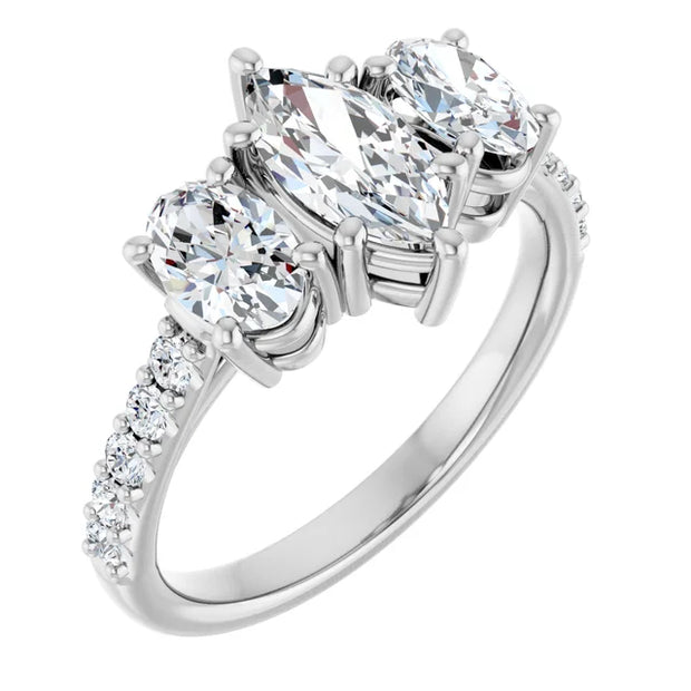14K White Gold 1 3/4 CTW Marquise and Oval Diamond Three-Stone Engagement Ring