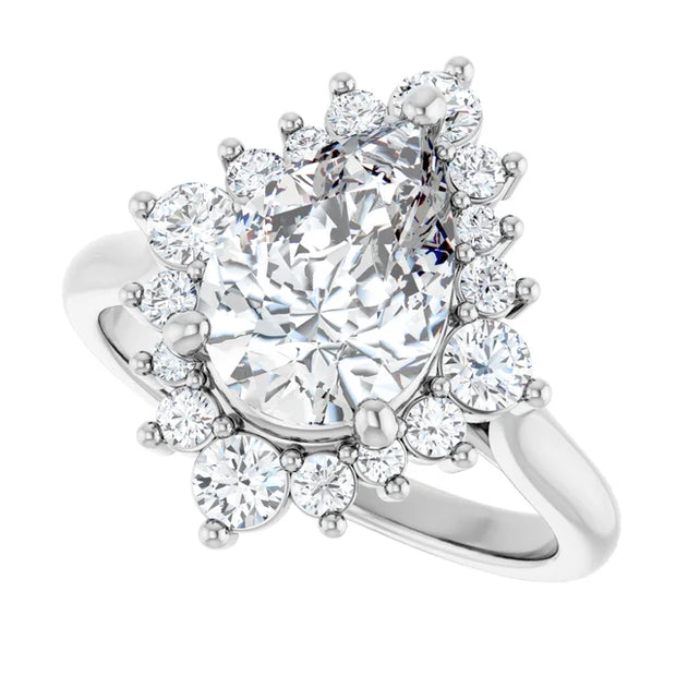 14K White Gold 1 5/8 CTW Pear-Shaped Diamond Halo Ring with Starburst Accents
