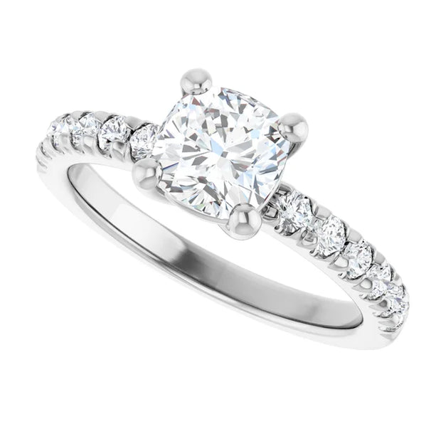 14K White Gold 1 CTW Cushion-Cut Diamond Ring with Tapered Diamond Band