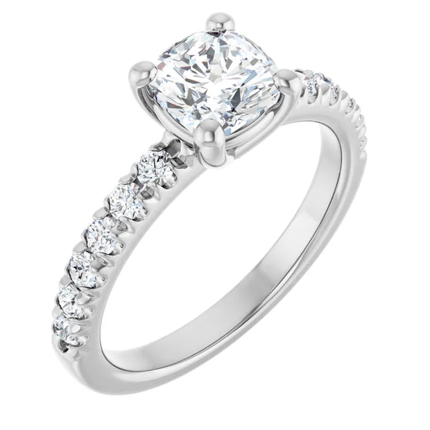 14K White Gold 1 CTW Cushion-Cut Diamond Ring with Tapered Diamond Band