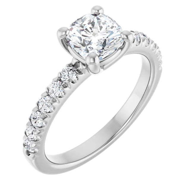 14K White Gold 1 CTW Cushion-Cut Diamond Ring with Tapered Diamond Band