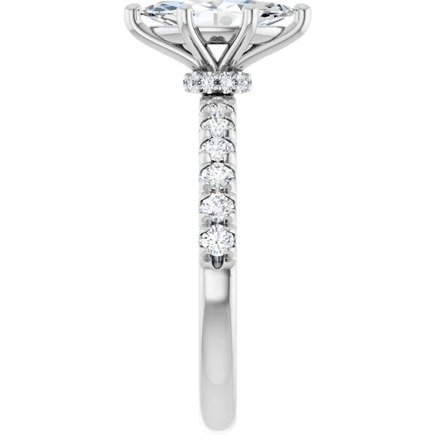 14K White Gold 1 CTW Marquise Diamond Ring with Pavé Band