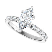 14K White Gold 1 CTW Marquise Diamond Ring with Pavé Band