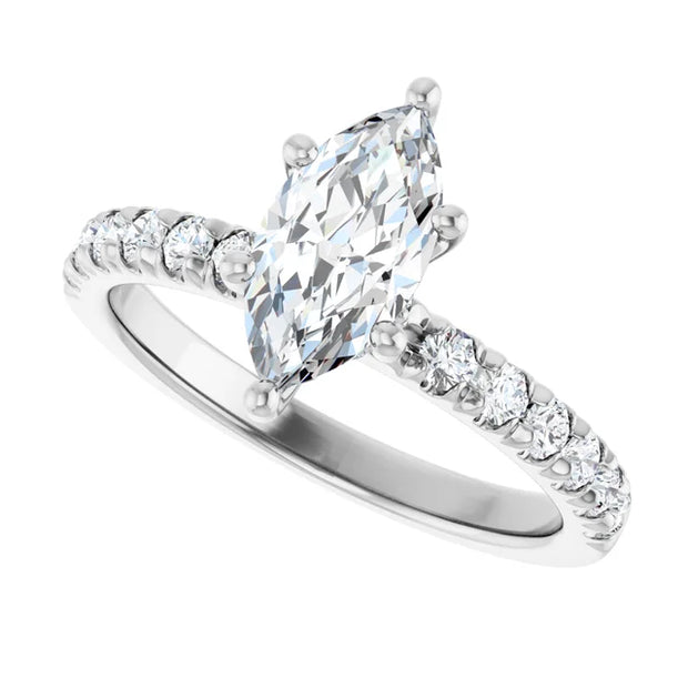 14K White Gold 1 CTW Marquise Diamond Ring with Pavé Band
