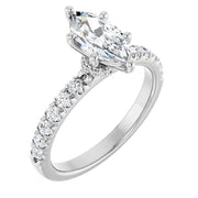 14K White Gold 1 CTW Marquise Diamond Ring with Pavé Band