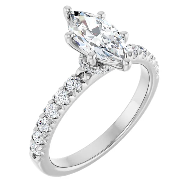 14K White Gold 1 CTW Marquise Diamond Ring with Pavé Band