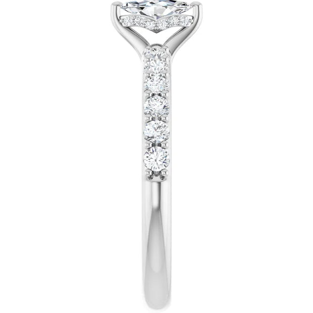 14K White Gold 1 CTW Marquise Diamond Ring with Tapered Pavé Band