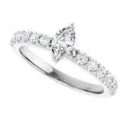 14K White Gold 1 CTW Marquise Diamond Ring with Tapered Pavé Band