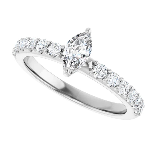 14K White Gold 1 CTW Marquise Diamond Ring with Tapered Pavé Band