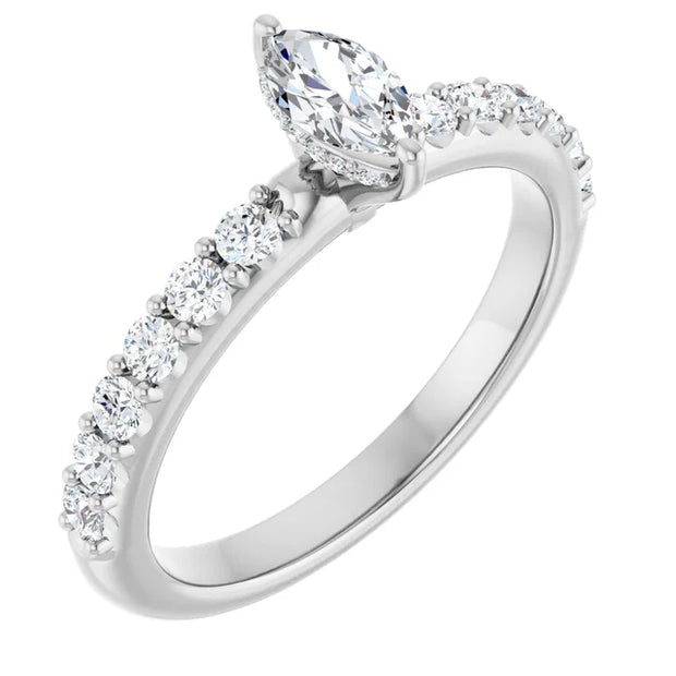 14K White Gold 1 CTW Marquise Diamond Ring with Tapered Pavé Band