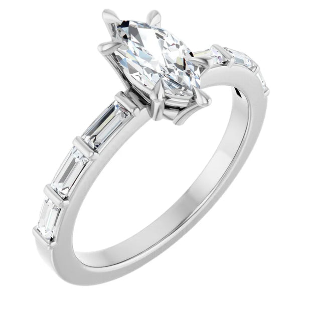 14K White Gold 1 CTW Marquise and Baguette Diamond Engagement Ring
