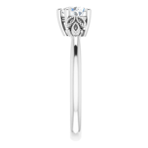 14K White Gold 1/2 CT Heart Diamond Ring with Milgrain Leaf Accents and 6-Prong Setting