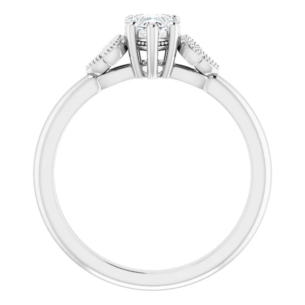14K White Gold 1/2 CT Heart Diamond Ring with Milgrain Leaf Accents and 6-Prong Setting