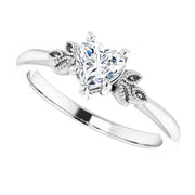 14K White Gold 1/2 CT Heart Diamond Ring with Milgrain Leaf Accents and 6-Prong Setting