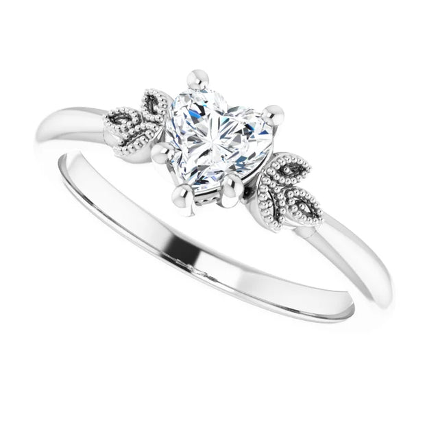 14K White Gold 1/2 CT Heart Diamond Ring with Milgrain Leaf Accents and 6-Prong Setting
