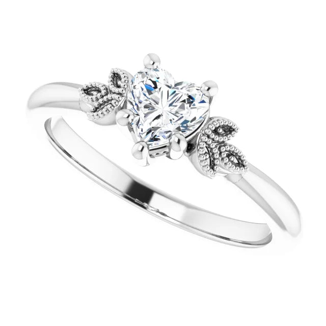 14K White Gold 1/2 CT Heart Diamond Ring with Milgrain Leaf Accents and 6-Prong Setting