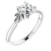 14K White Gold 1/2 CT Heart Diamond Ring with Milgrain Leaf Accents and 6-Prong Setting