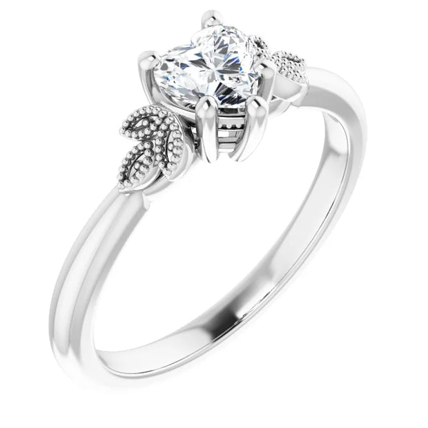 14K White Gold 1/2 CT Heart Diamond Ring with Milgrain Leaf Accents and 6-Prong Setting