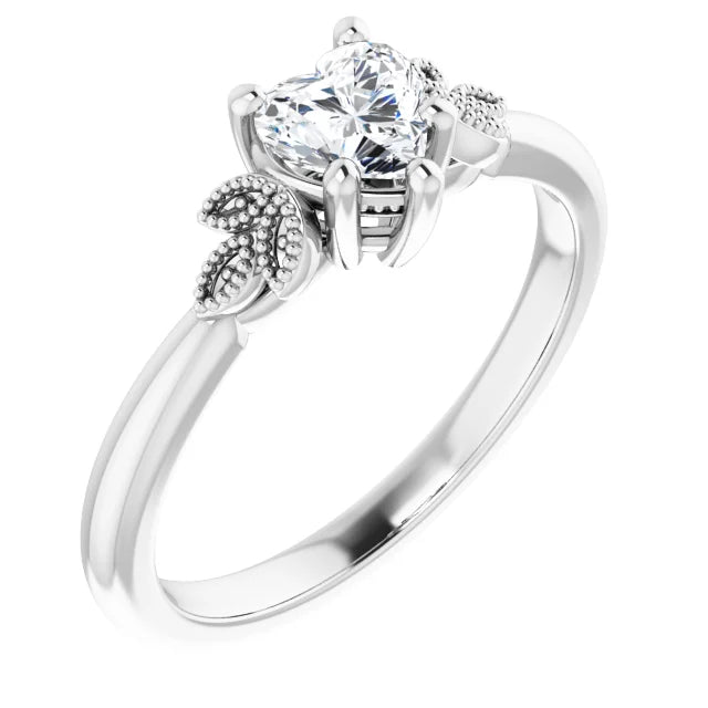 14K White Gold 1/2 CT Heart Diamond Ring with Milgrain Leaf Accents and 6-Prong Setting