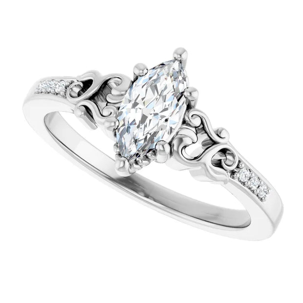 14K White Gold 1/2 CTW Marquise Diamond Engagement Ring with Vintage Scroll Accents