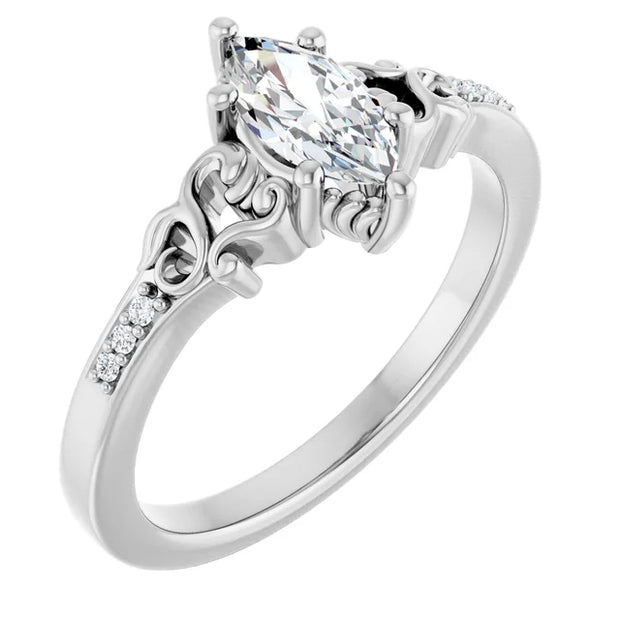 14K White Gold 1/2 CTW Marquise Diamond Engagement Ring with Vintage Scroll Accents
