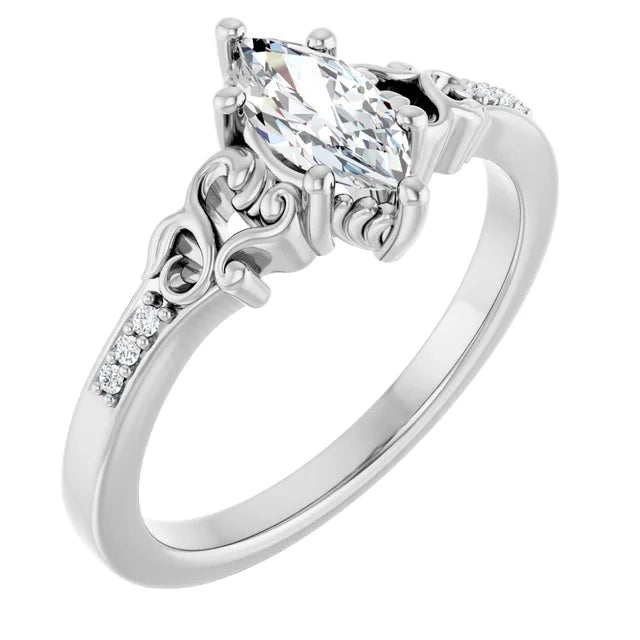 14K White Gold 1/2 CTW Marquise Diamond Engagement Ring with Vintage Scroll Accents
