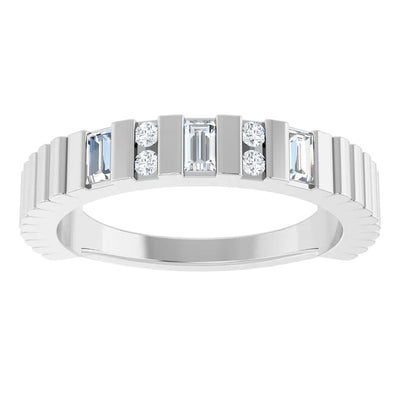 14K White Gold 1/4 CTW Baguette and Round Diamond Grooved Wedding Band