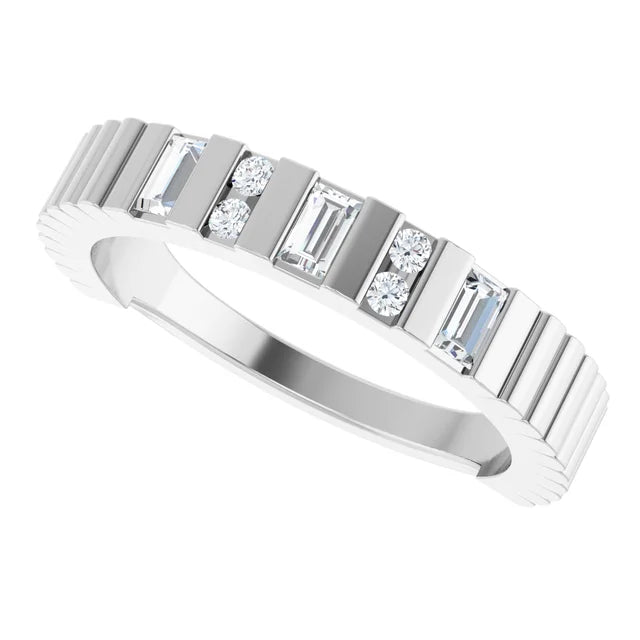 14K White Gold 1/4 CTW Baguette and Round Diamond Grooved Wedding Band